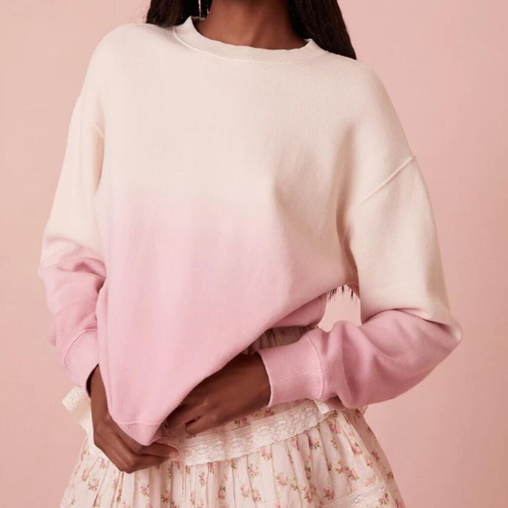 LoveShackFancy Elvira Dip Dyed Embroidered Sweatshirt STRAW Sorbet Brand New